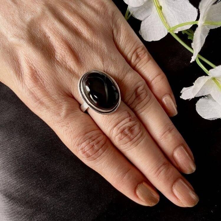 Black Onyx Oval Ring - 925 Sterling Silver, Vintage Boho Style, Available In US Sizes 5-9 - View #9